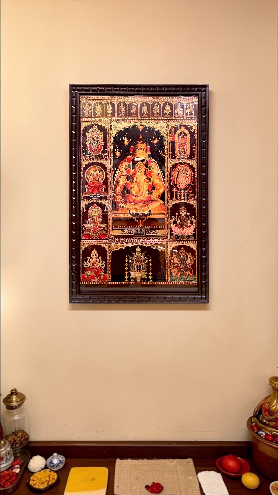 9 Gods Gold Leaf Wall Art Frame | Multi Deity Hindu Frame | Shiva Parivar, Tirupati Balaji, Lalitha Devi | Premium Engineered Wooden Frame for Pooja Room & Living Decor