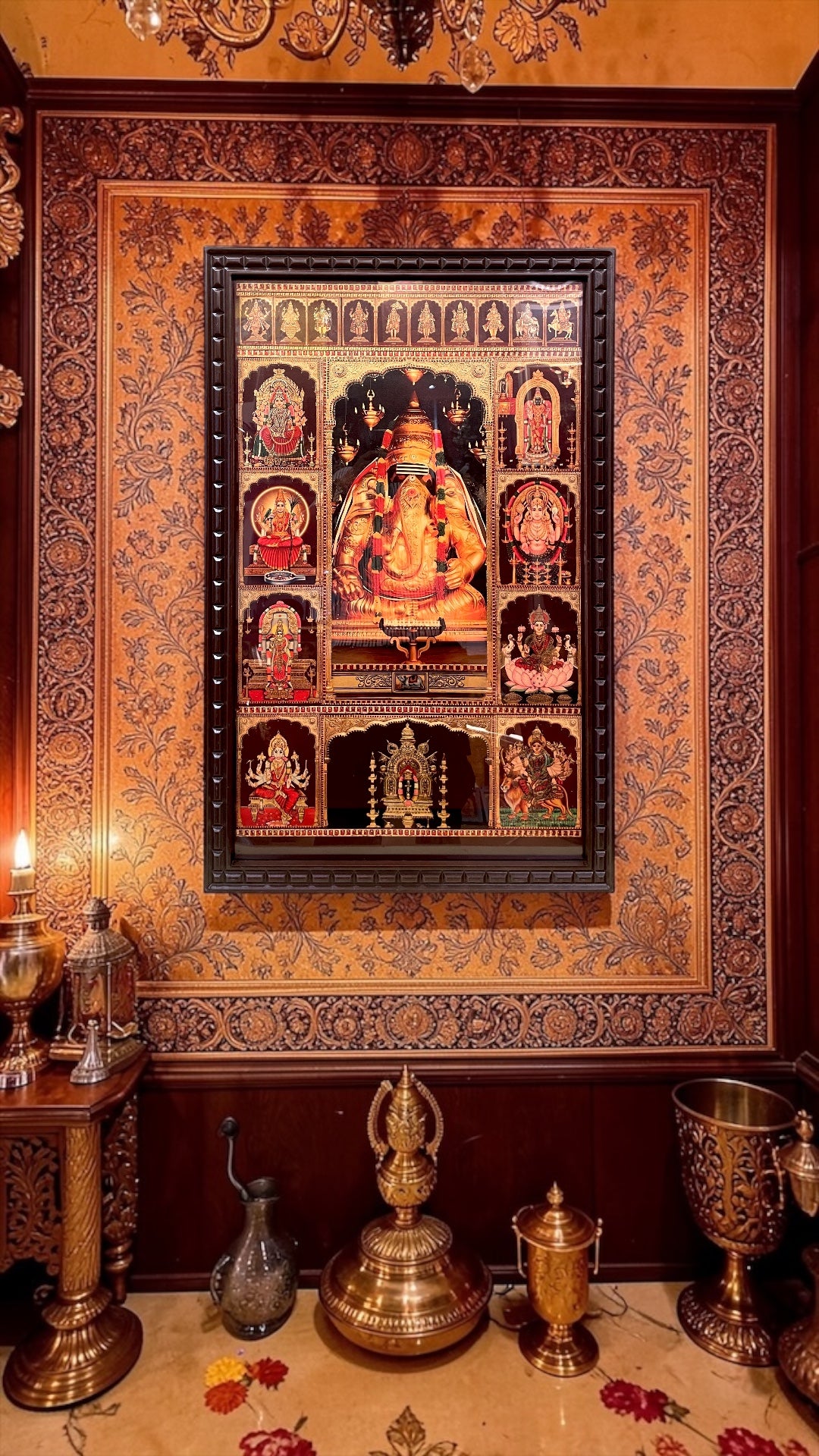 9 Gods Gold Leaf Wall Art Frame | Multi Deity Hindu Frame | Shiva Parivar, Tirupati Balaji, Lalitha Devi | Premium Engineered Wooden Frame for Pooja Room & Living Decor