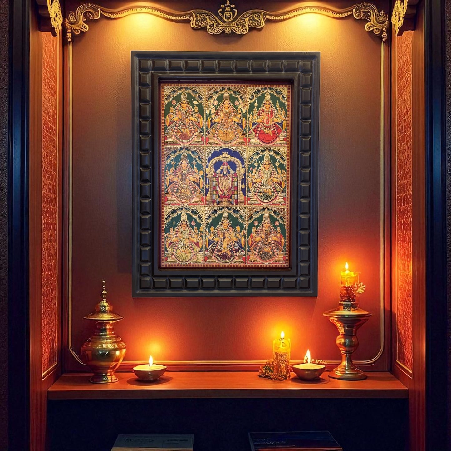 Asta Lakshmi -3 Gold Leafed Art With Wooden Frame