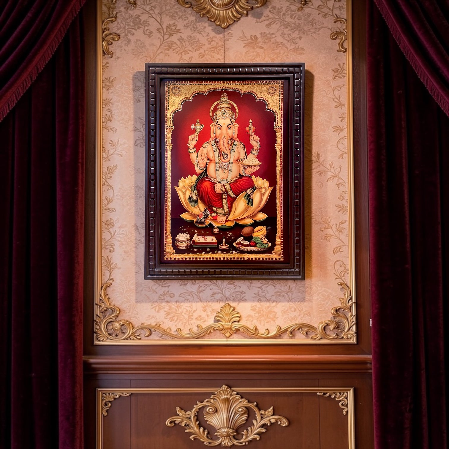 Gold Leafed Lord Ganesha on Lotus in Wooden Frame