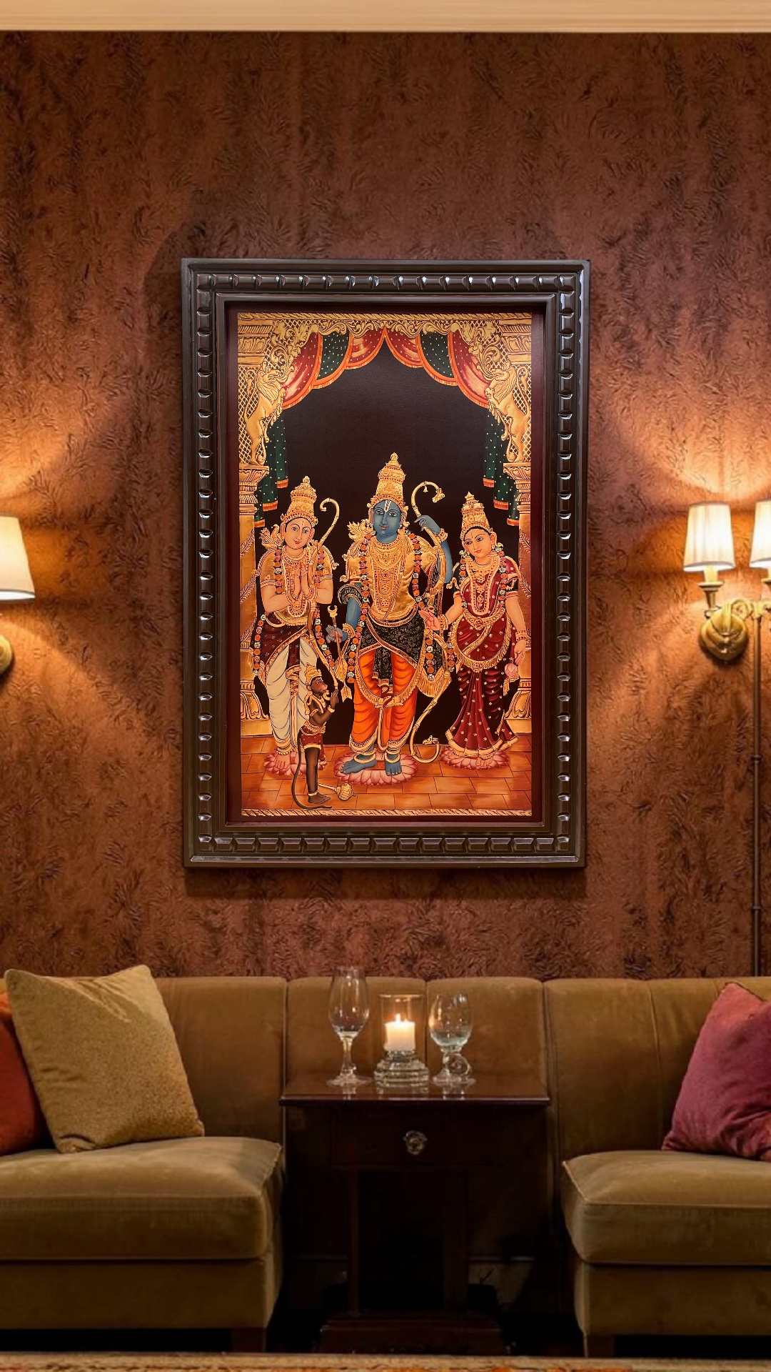 Rama Parivar Gold Leaf Art Frame | Lord Rama Family Wall Decor | Premium Wooden Frame Pooja Room Artwork.