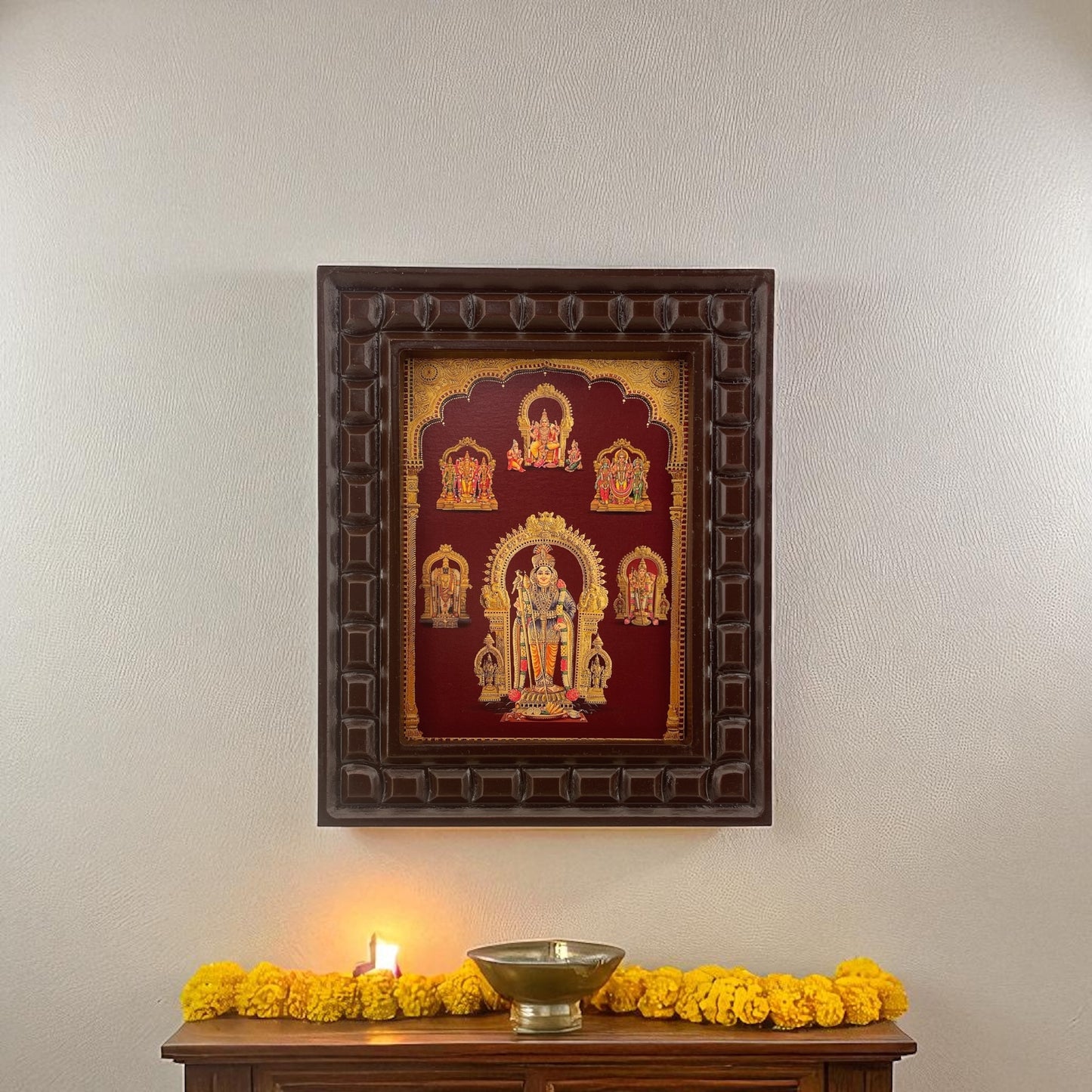 Arupadai Veedu Murugan Gold Leafed Art With Wooden Frame