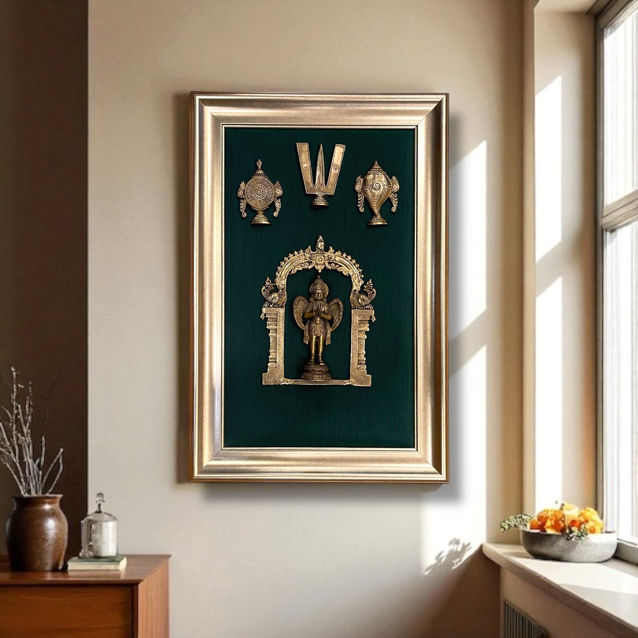 Brass Garuda Devata with Shanku Chakra Namman on Rama Green Silk in Antique Gold Frame
