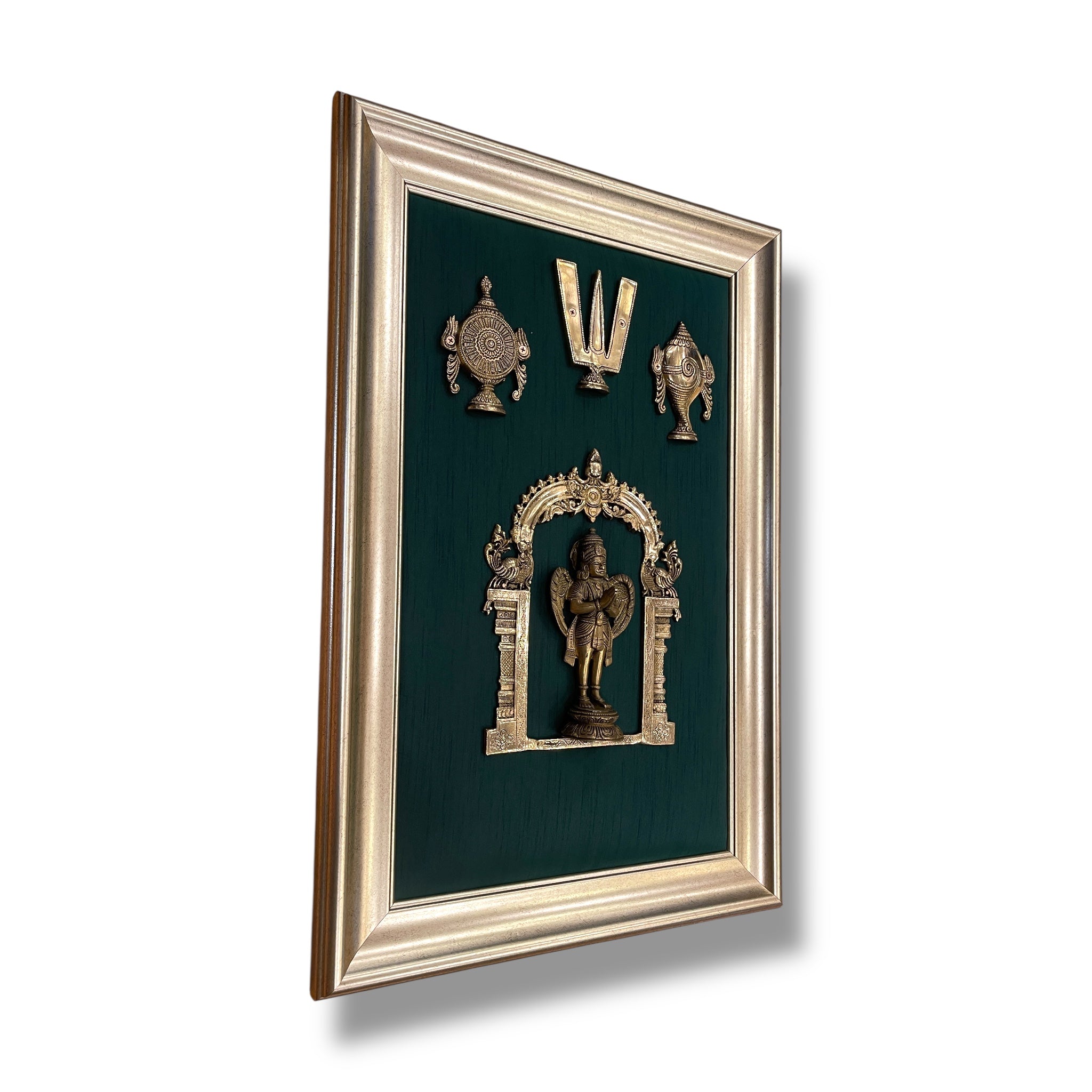 Brass Garuda Devata with Shanku Chakra Namman on Rama Green Silk in Antique Gold Frame