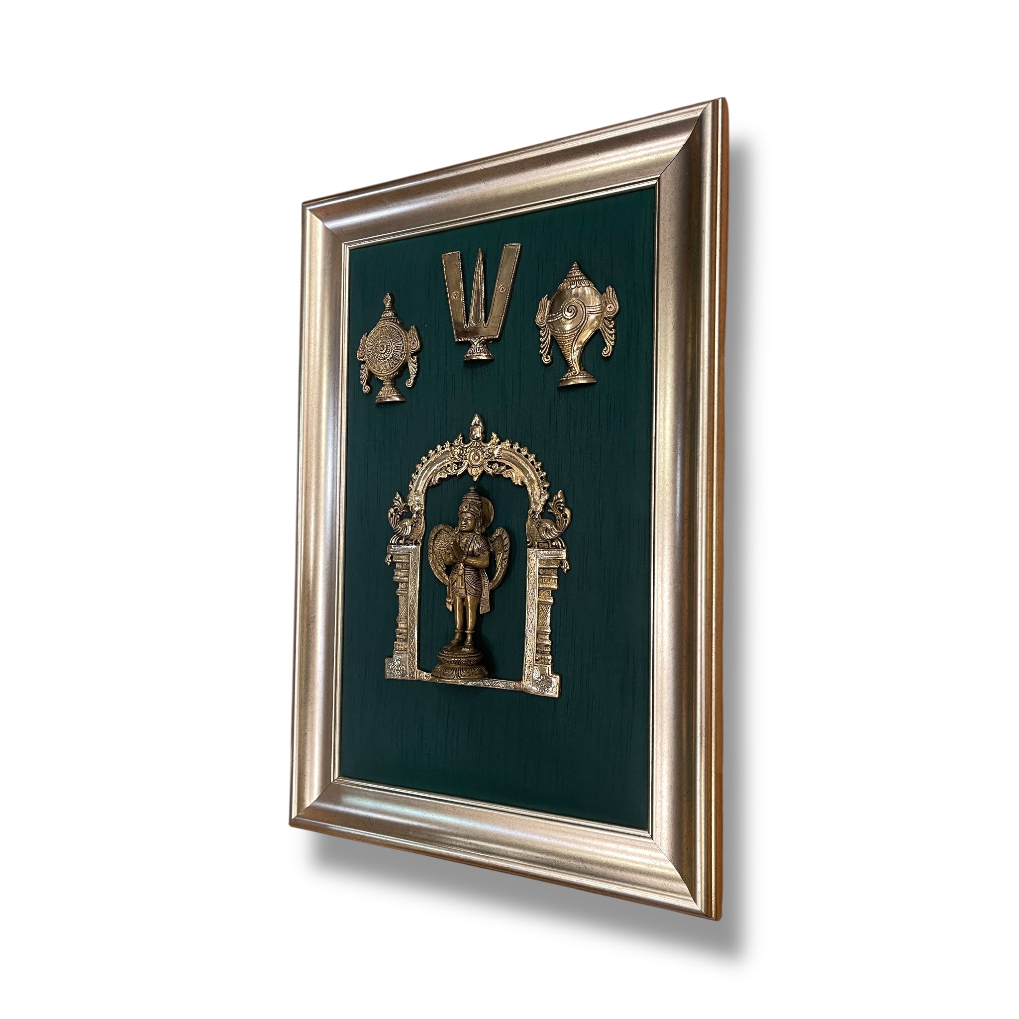 Brass Garuda Devata with Shanku Chakra Namman on Rama Green Silk in Antique Gold Frame