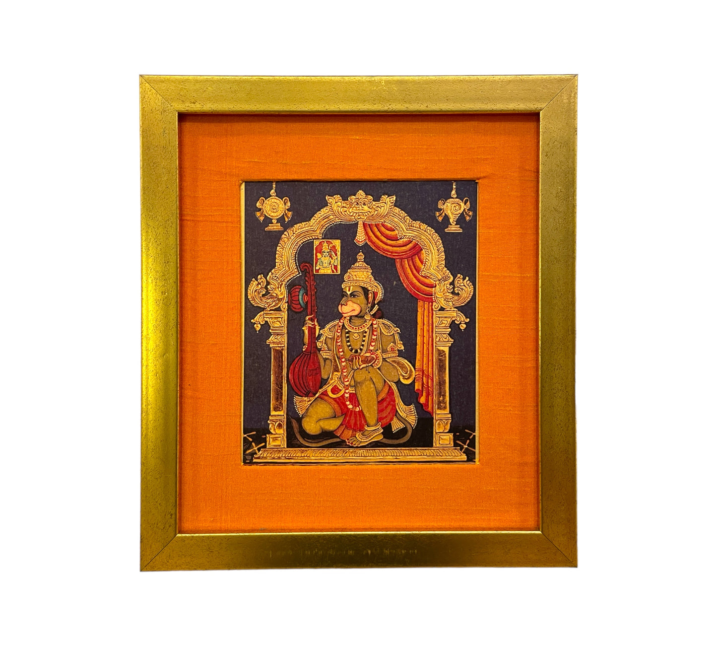 "Divine Harmony: Hanuman Veena Artwork - Gold Leaf, Orange Silk Mount, Gold Frame"