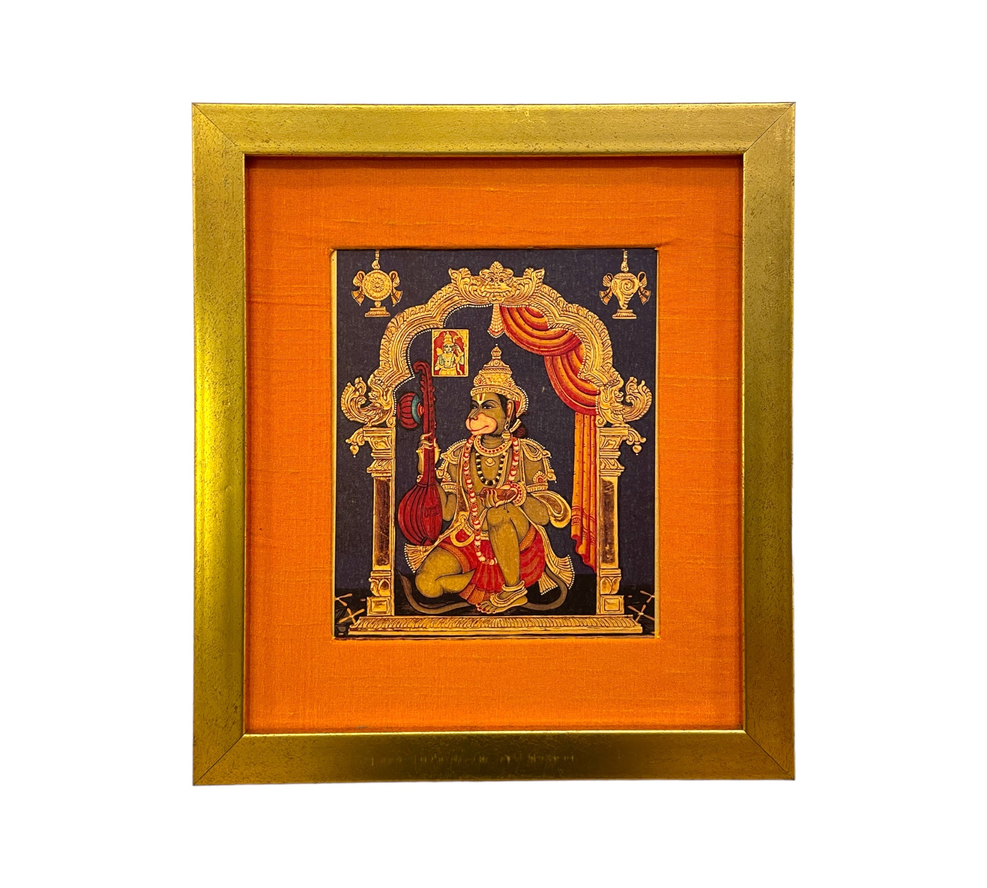 Hanuman Bakti God photo  - Gold Leaf, Orange Silk Mount, Gold Frame"
