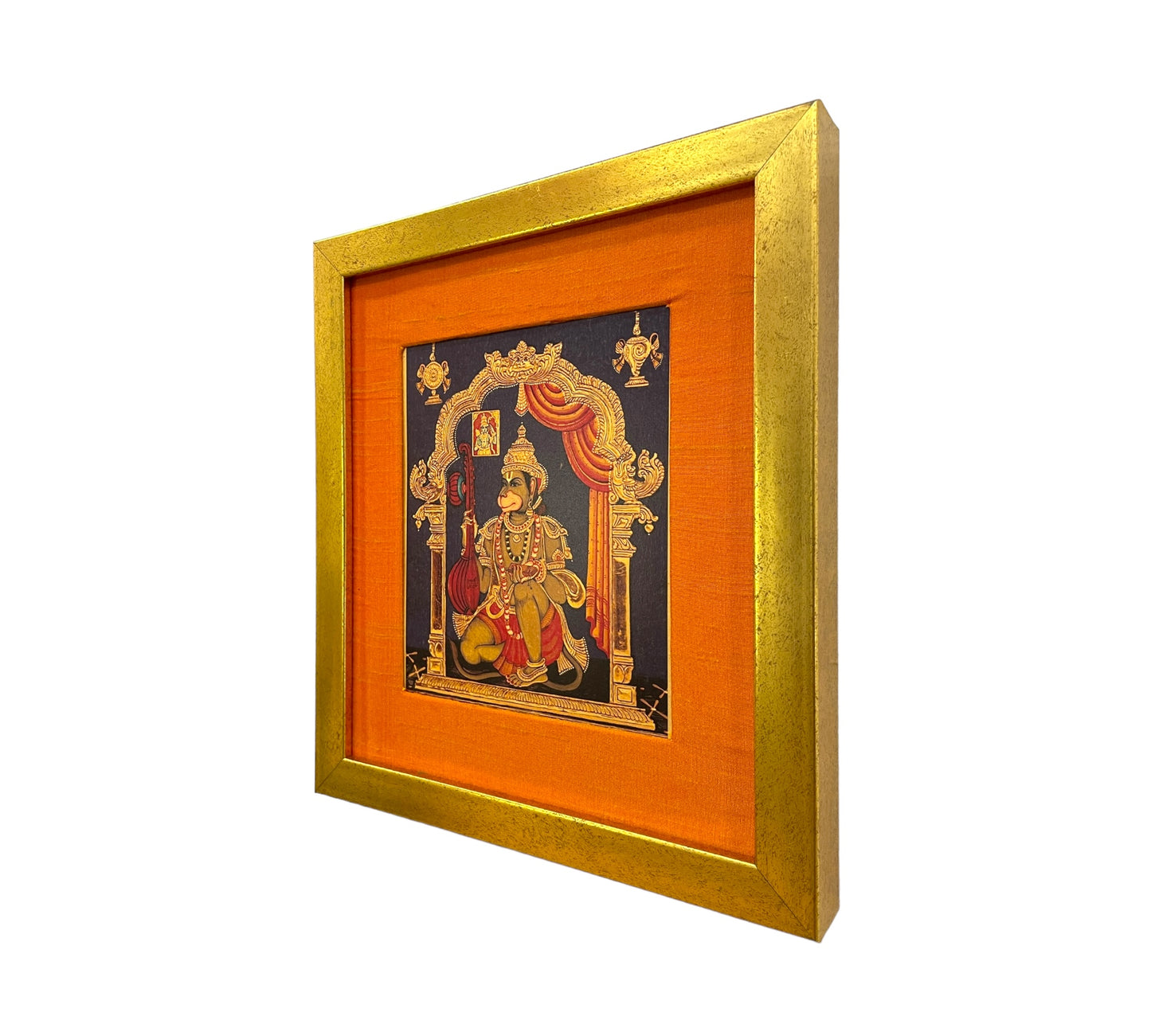 "Divine Harmony: Hanuman Veena Artwork - Gold Leaf, Orange Silk Mount, Gold Frame"