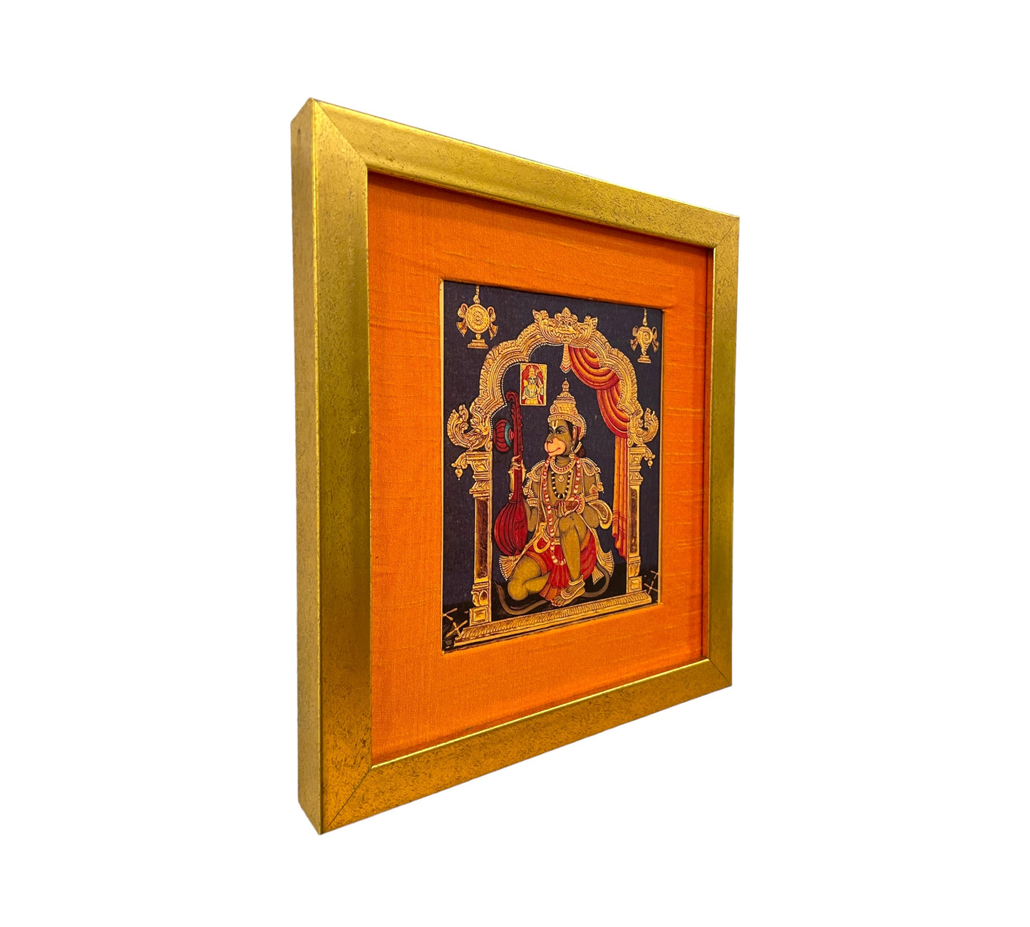 "Divine Harmony: Hanuman Veena Artwork - Gold Leaf, Orange Silk Mount, Gold Frame"