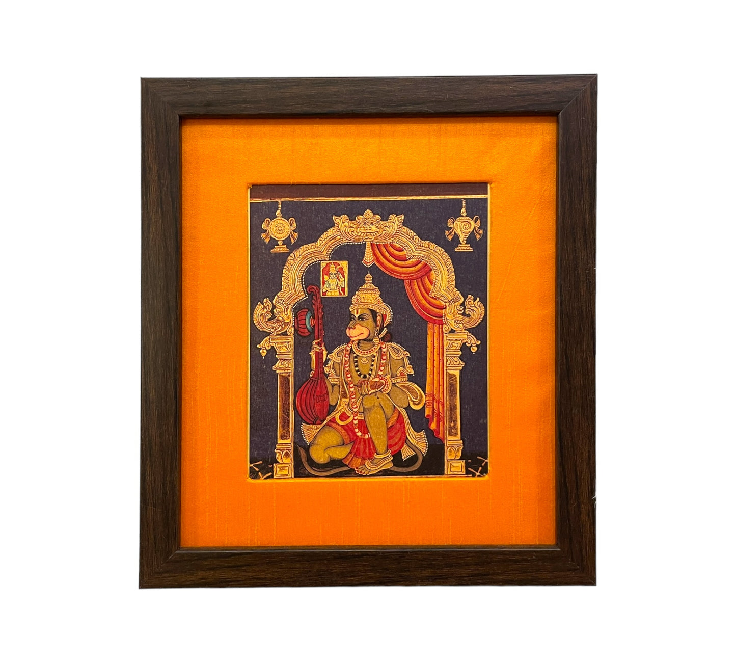 Divine Musician Hanumaan with Veena: 22crt gold leaf paper photo orange silk with brown frame