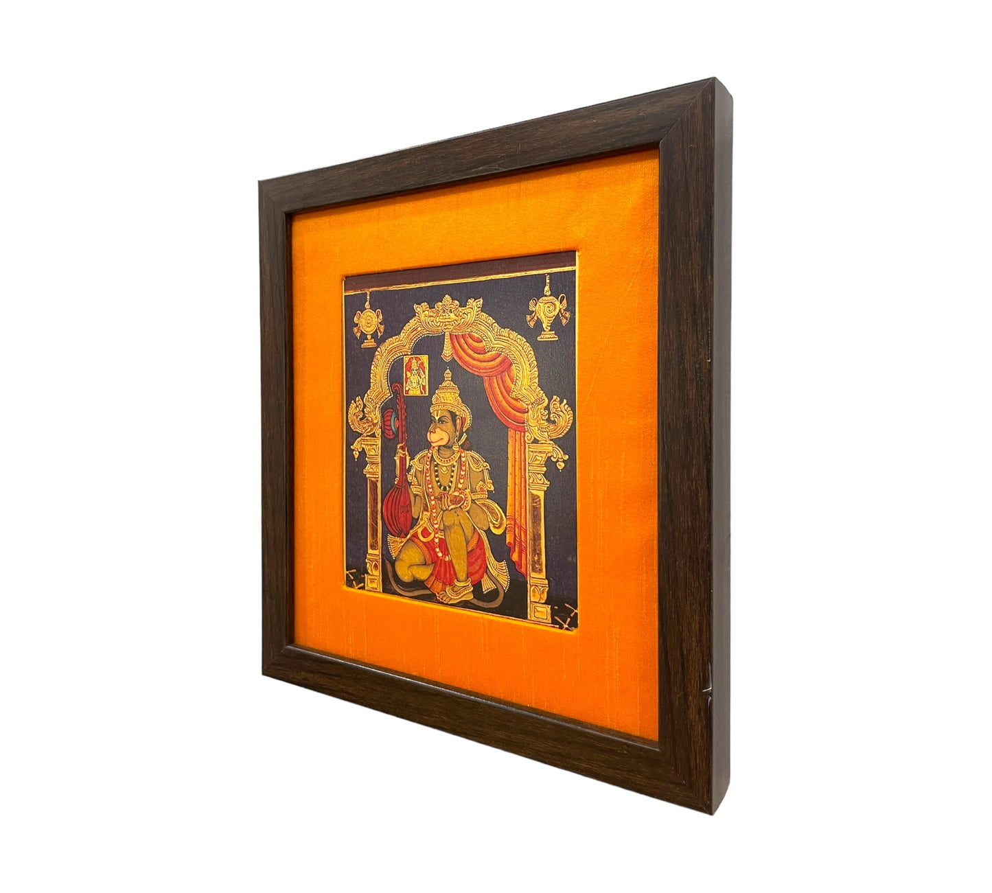 Divine Musician Hanumaan with Veena: 22crt gold leaf paper photo orange silk with brown frame