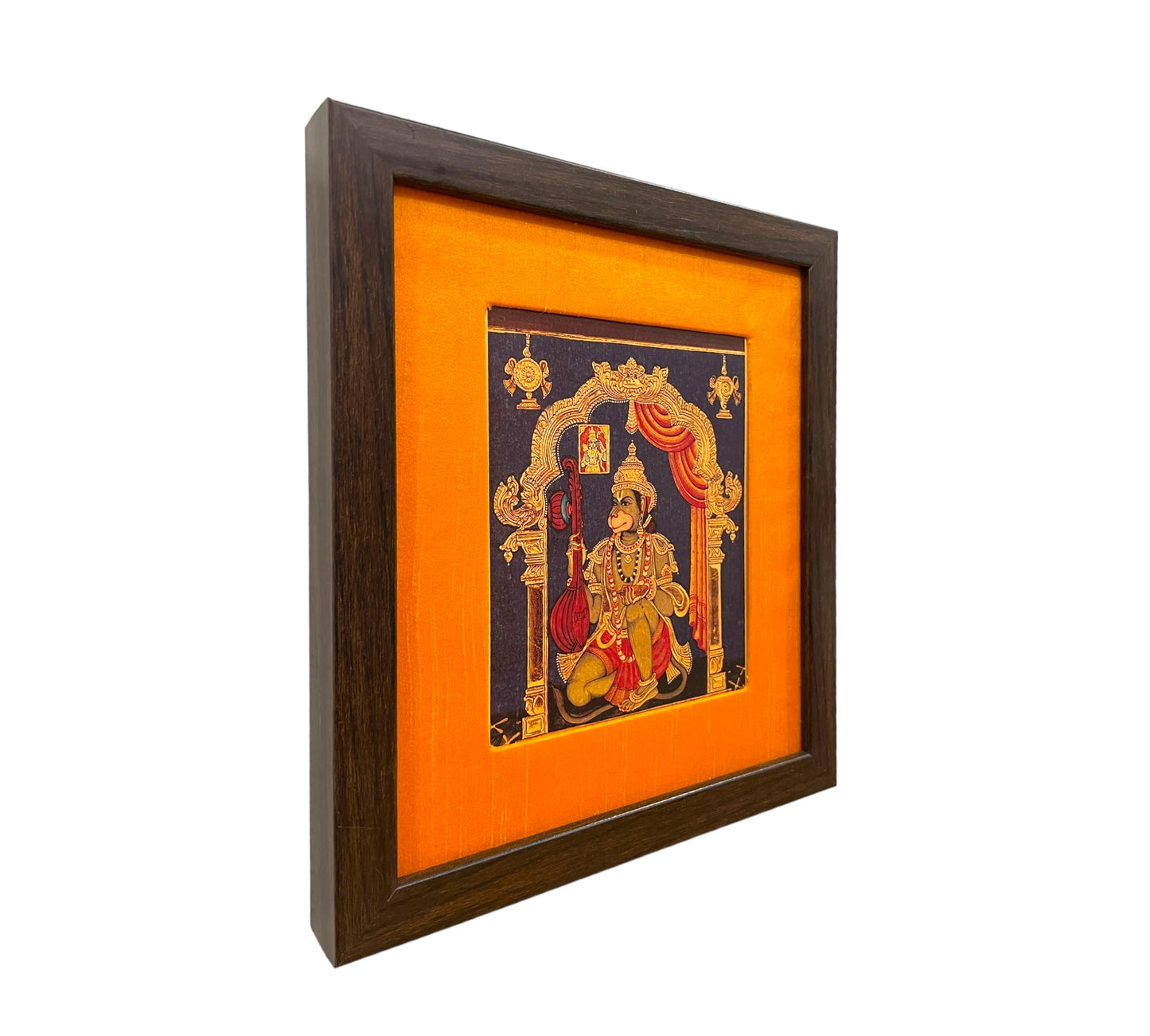 Divine Musician Hanumaan with Veena: 22crt gold leaf paper photo orange silk with brown frame