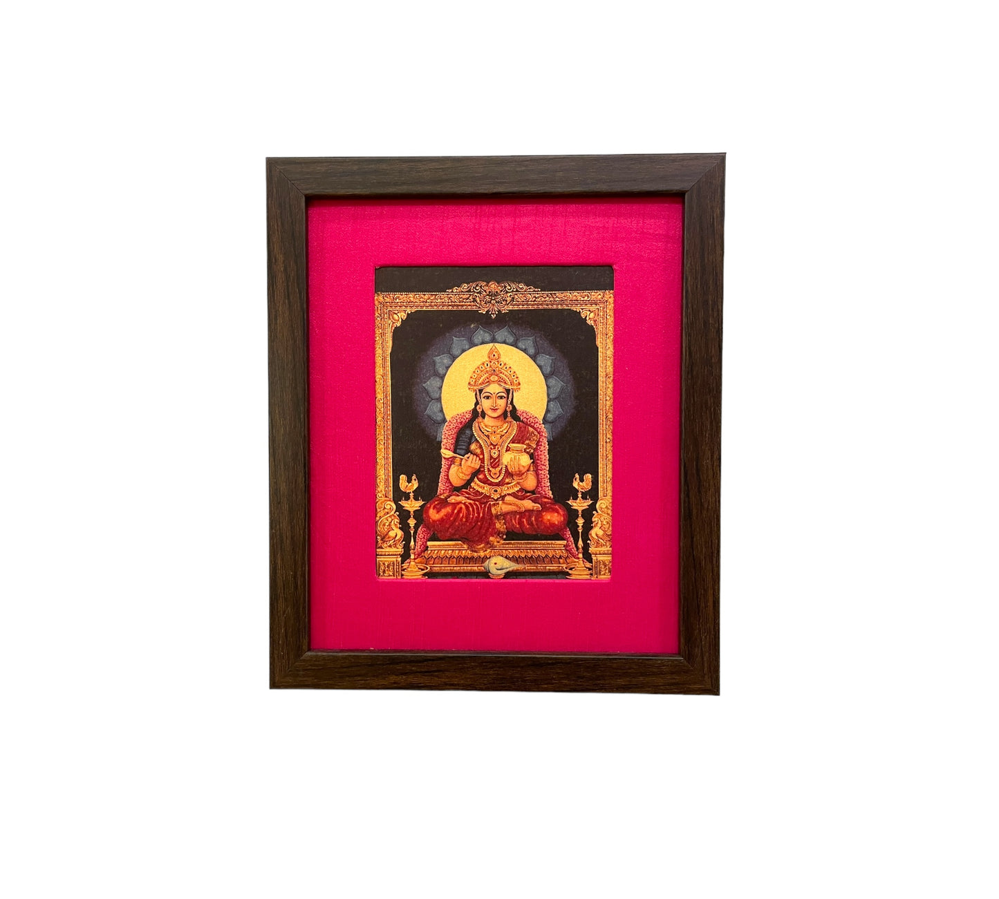 Pooja room frame and kitchen decor -Annapoorneshwari with Pink Silk & Brown Frame