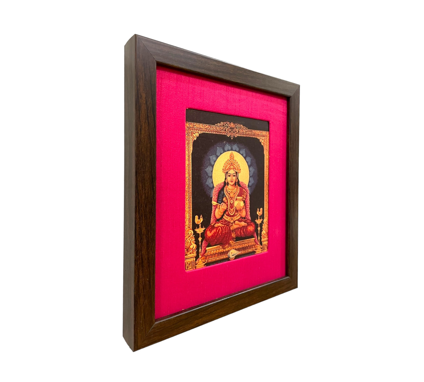 Pooja room frame and kitchen decor -Annapoorneshwari with Pink Silk & Brown Frame