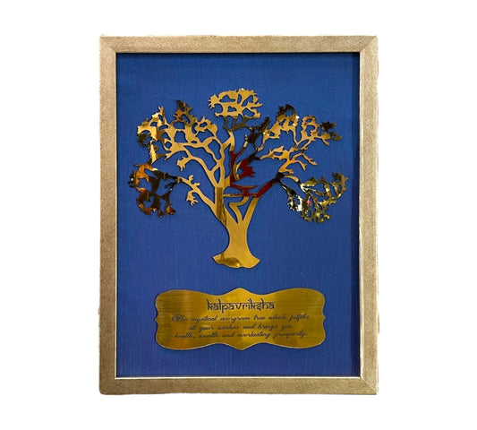 Wishfulfillng Kalpavriksha Tree Metal with Blue Silk Background