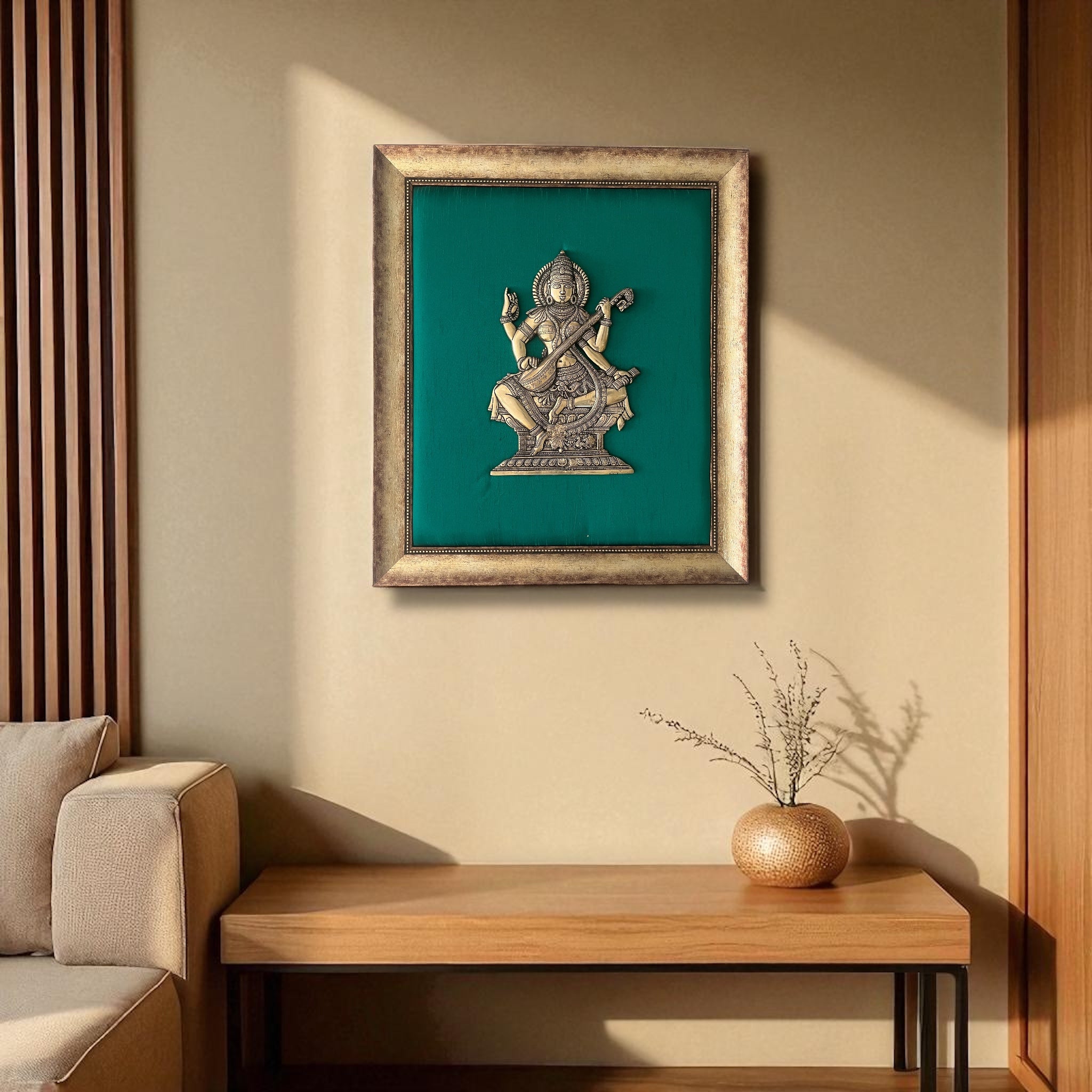 Brass Saraswati on Silk Backdrop in Antique Gold Resin Frame