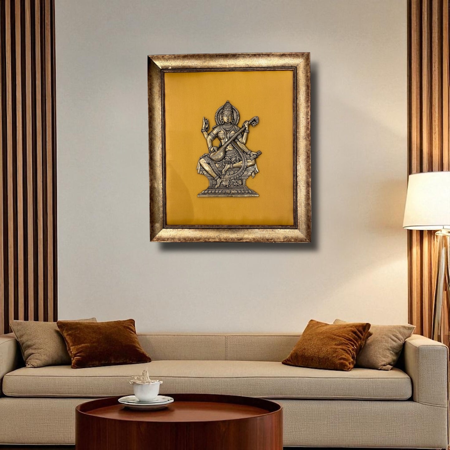 Brass Saraswati on White silk Backdrop in Wooden frame