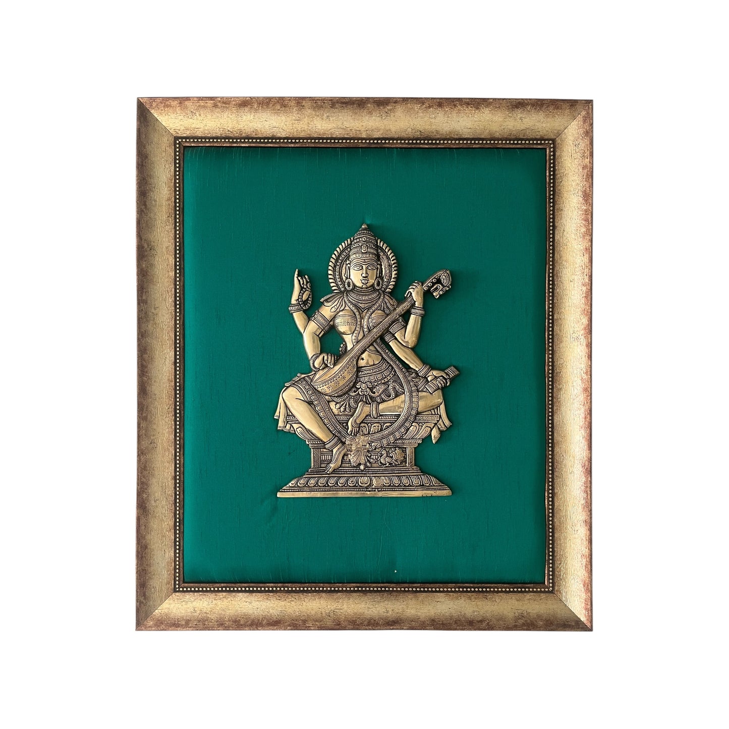 Brass Saraswati on White silk Backdrop in Wooden frame