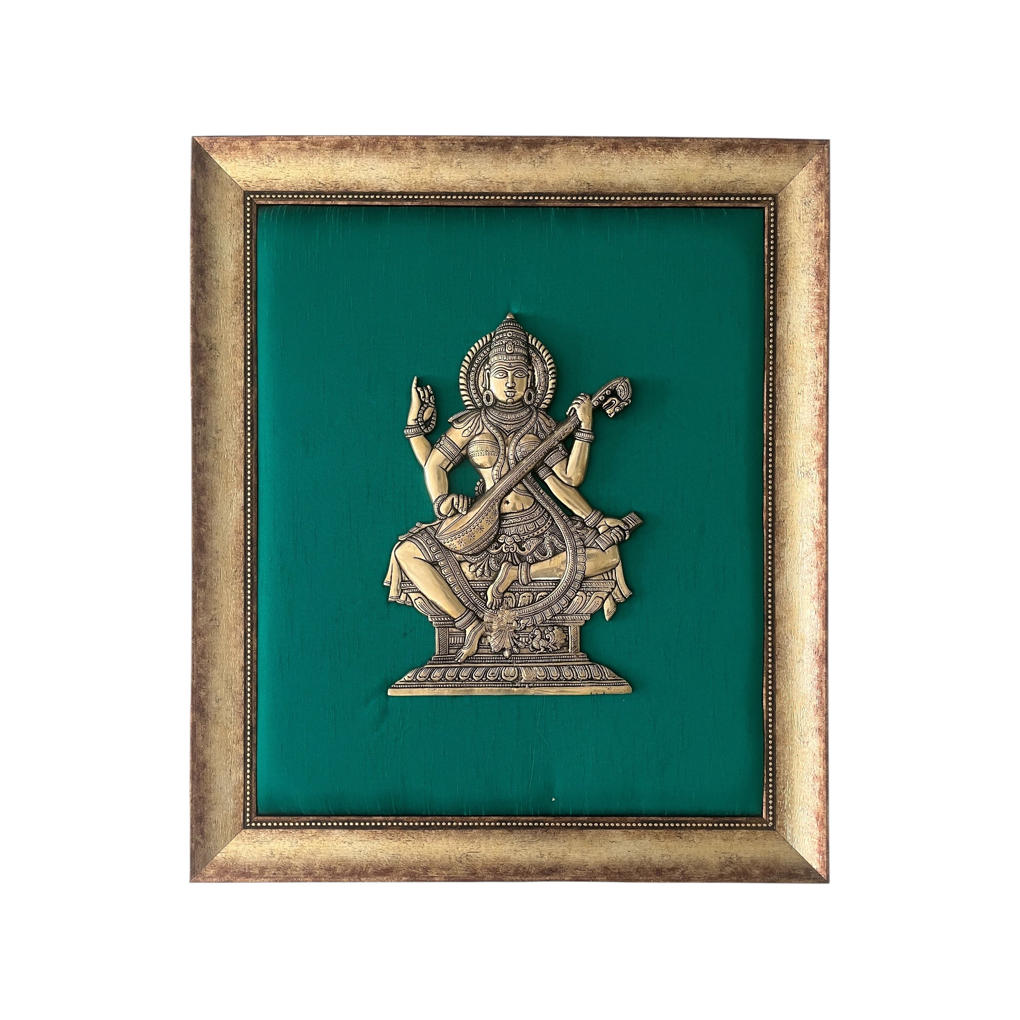 Brass Saraswati on Silk Backdrop in Antique Gold Resin Frame