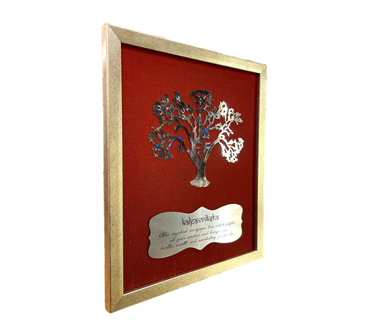 Wishfulfillng Kalpavriksha Tree Metal with Wine Red Silk Background