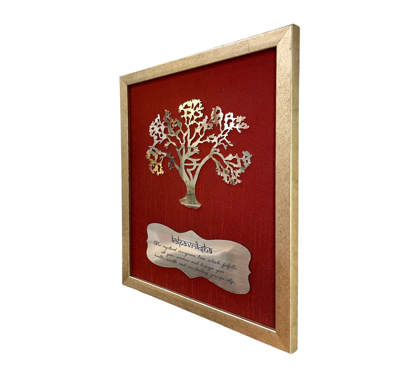 Wishfulfillng Kalpavriksha Tree Metal with Wine Red Silk Background