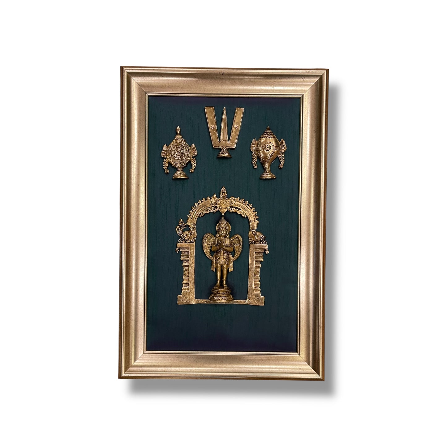 Brass Garuda Devata with Shanku Chakra Namman on Rama Green Silk in Antique Gold Frame