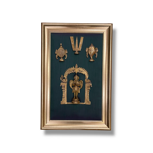 Brass Garuda Devata with Shanku Chakra Namman on Rama Green Silk in Moulded Frame