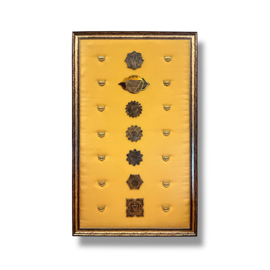 7 Chakra Wall Art | Sacred Energy Symbols crafted in titanium with brass lotus embellishments on Golden Silk | Framed decor to make a statement.