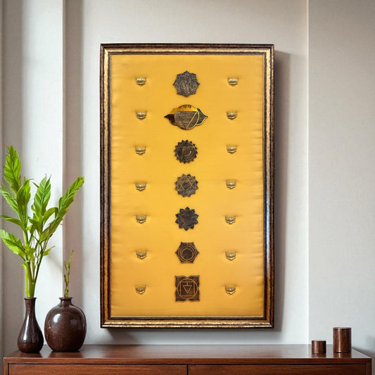 7 Chakra Wall Art | Sacred Energy Symbols crafted in titanium with brass lotus embellishments on Golden Silk | Framed decor to make a statement.