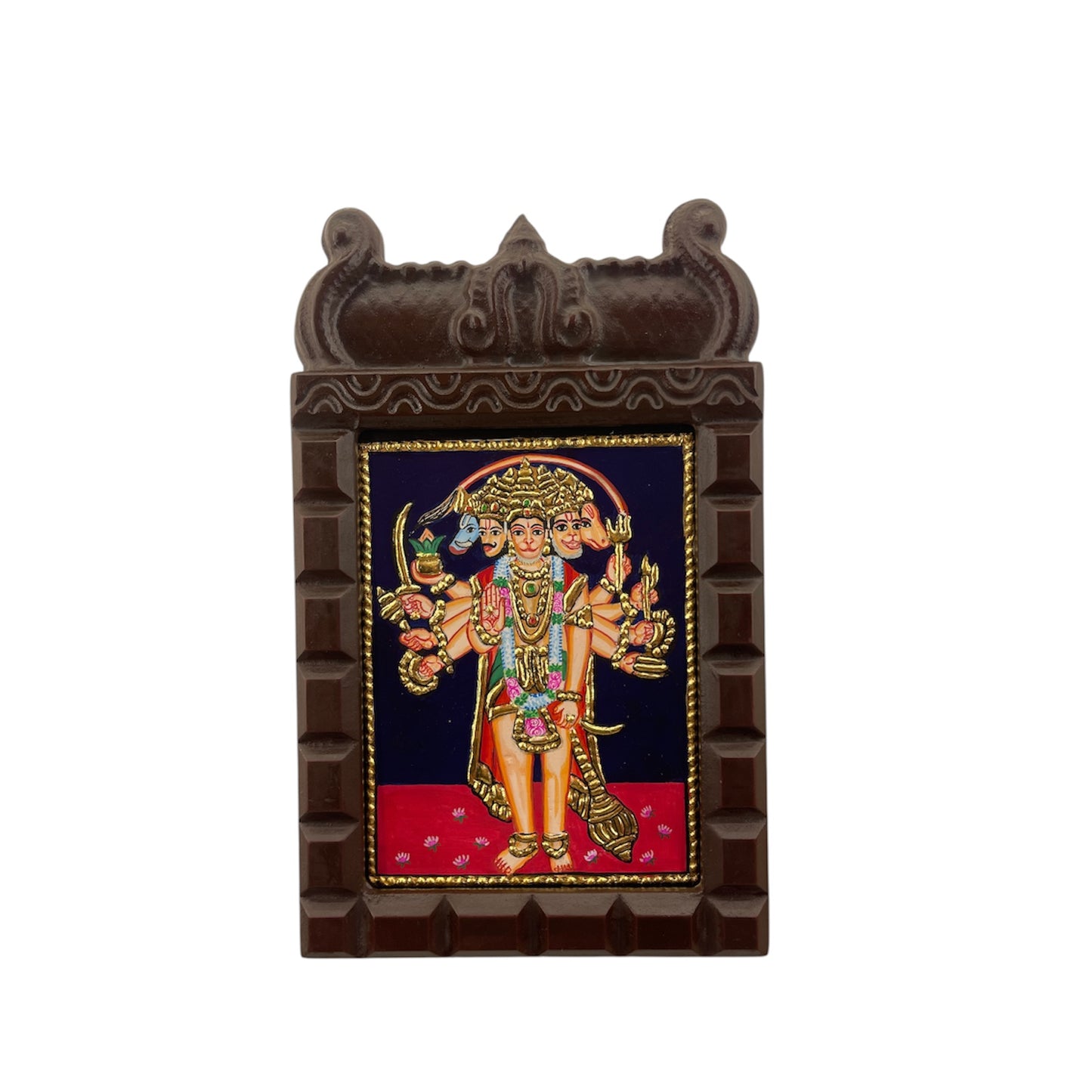 Panchamukhi Hanuman Tanjore Painting with Engineered Wooden Temple Frame