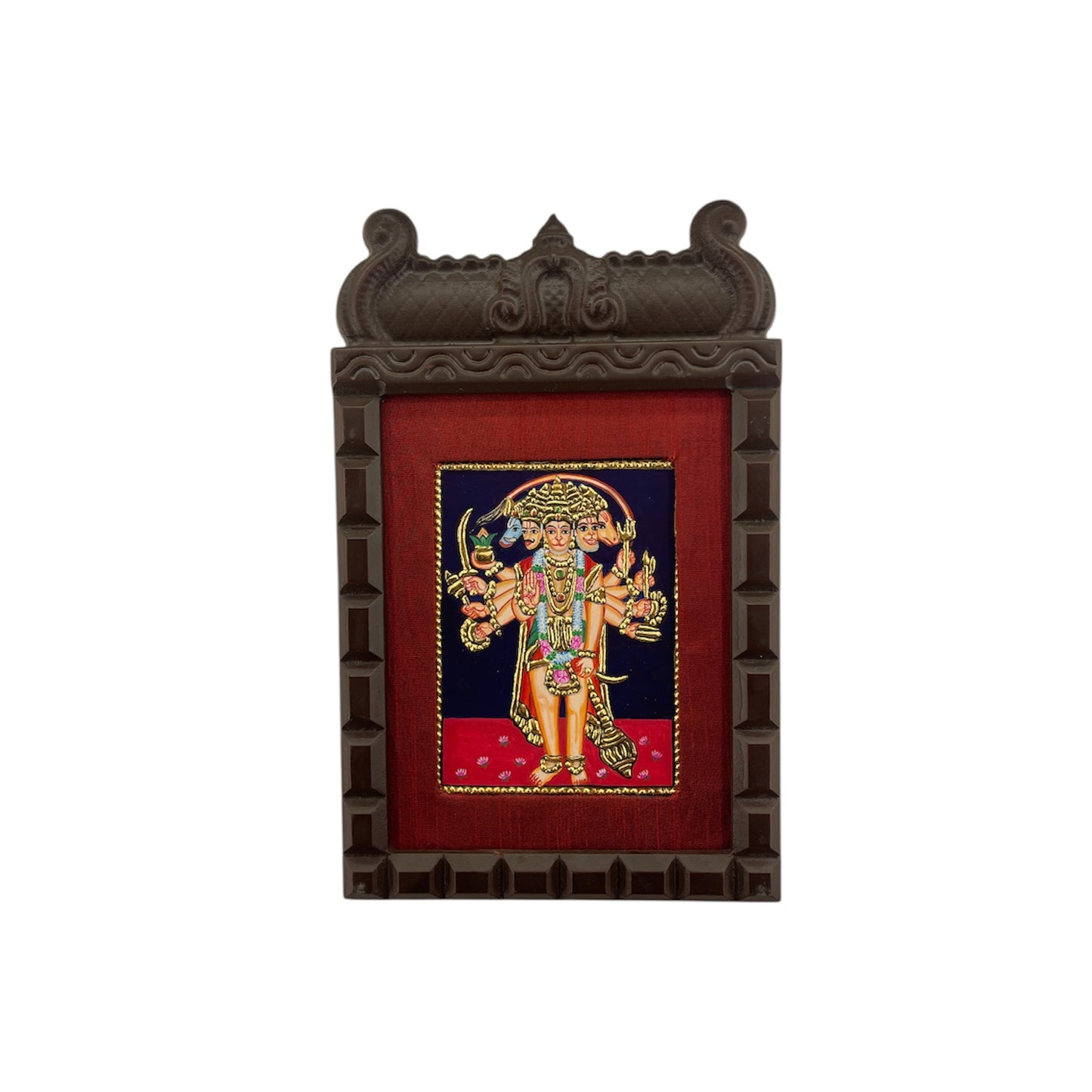 Panchamukhi Hanuman Tanjore Painting with Engineered Wooden Temple Frame