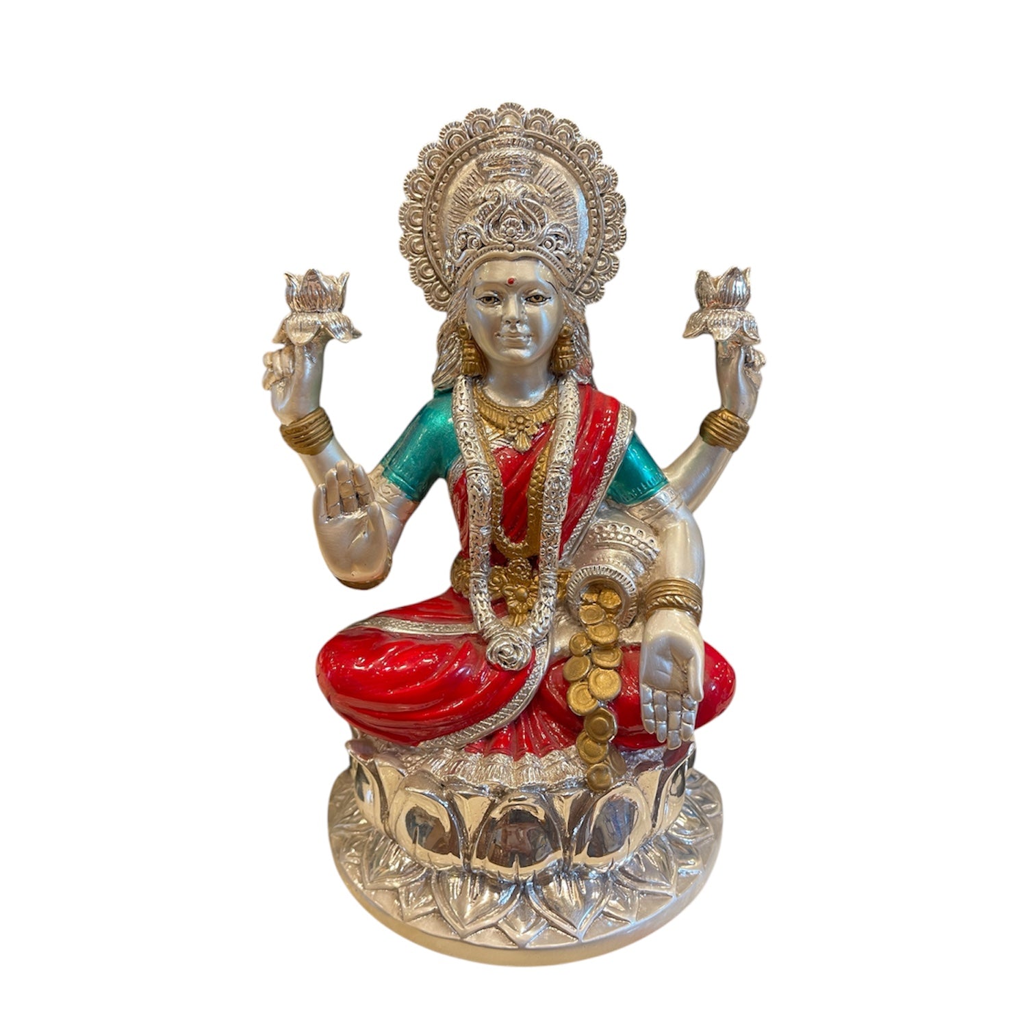 92.5 Sterling Silver Goddess Lakshmi Idol in Red Saree with Lotus