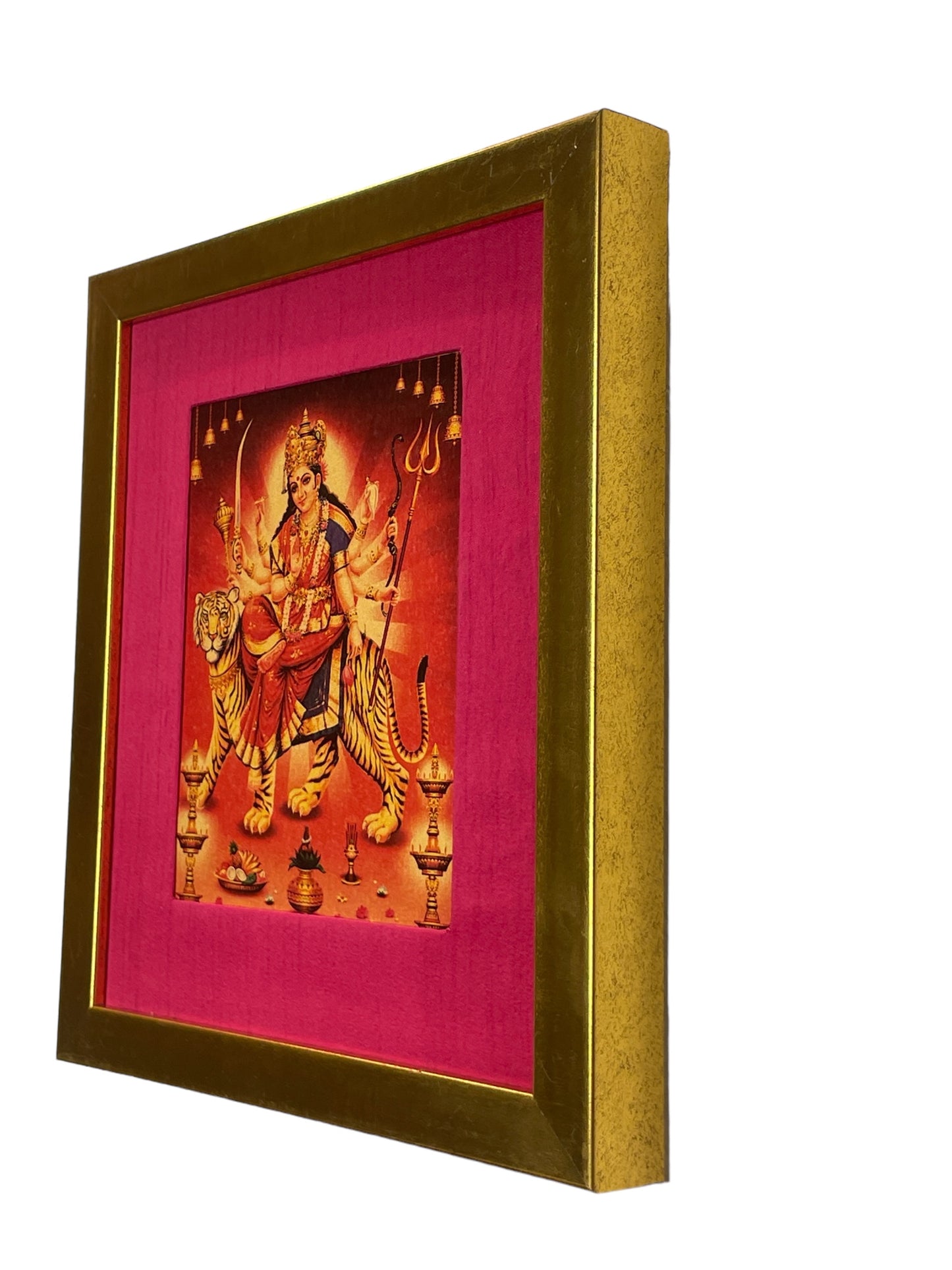 Durga Ma Pooja room photo on gold leaf with gold frame