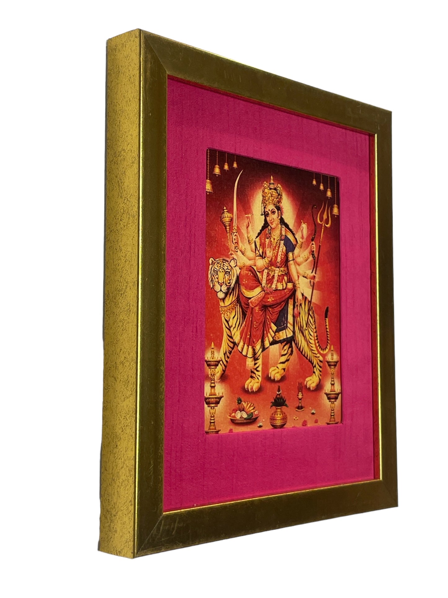 "Divine Majesty: Ma Durga Photo on Tiger, Embellished in Gold Leaf, Enshrined in Opulent Wine Red Silk Mount and Gilded Frame