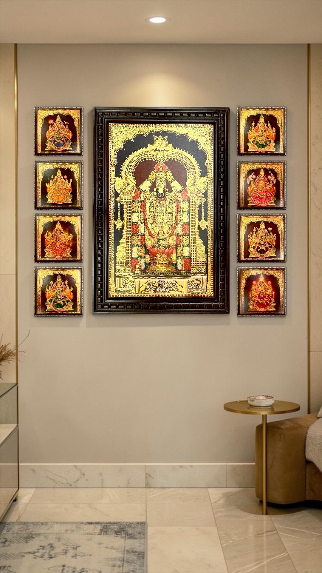 Ashtalakshmi with Tirupati Balaji Gold Leaf Art | Premium Wooden Frame Wall Decor for Pooja Room & Home.
