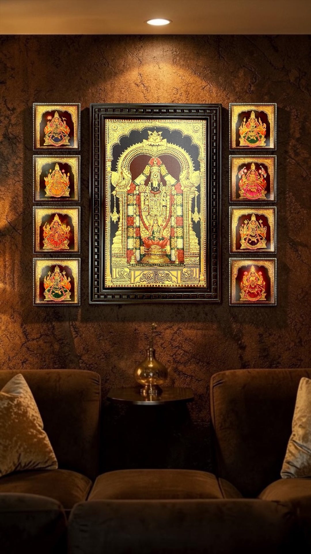 Ashtalakshmi with Tirupati Balaji Gold Leaf Art | Premium Wooden Frame Wall Decor for Pooja Room & Home.
