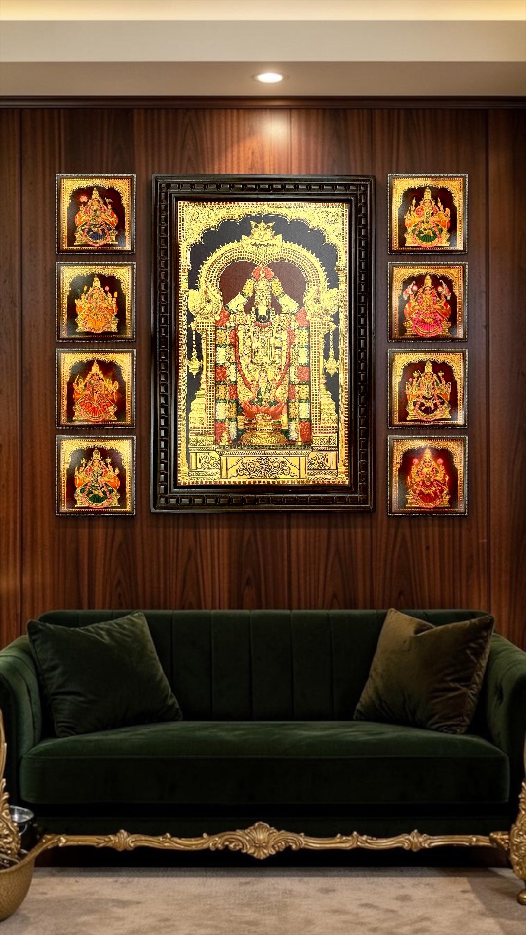 Ashtalakshmi with Tirupati Balaji Gold Leaf Art | Premium Wooden Frame Wall Decor for Pooja Room & Home.