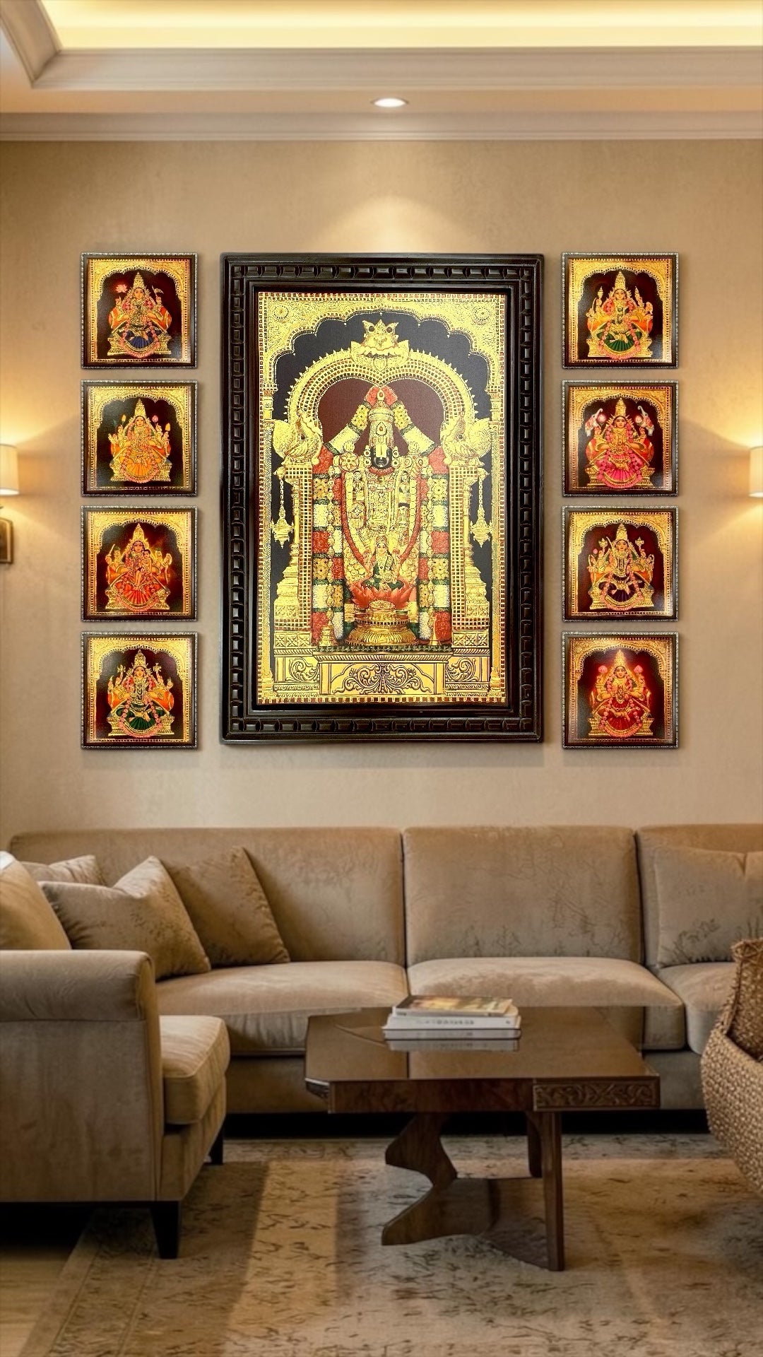 Ashtalakshmi with Tirupati Balaji Gold Leaf Art | Premium Wooden Frame Wall Decor for Pooja Room & Home.