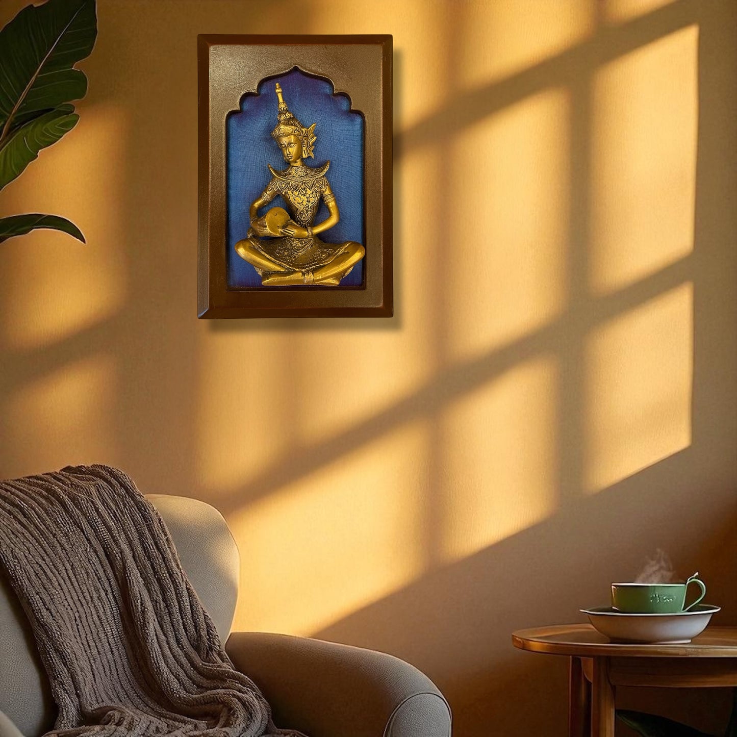 Brass Musician on Blue Silk in Wooden Frame