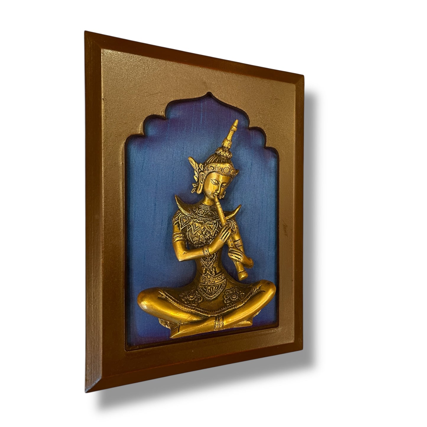 Brass Musician on Blue Silk in Wooden Frame