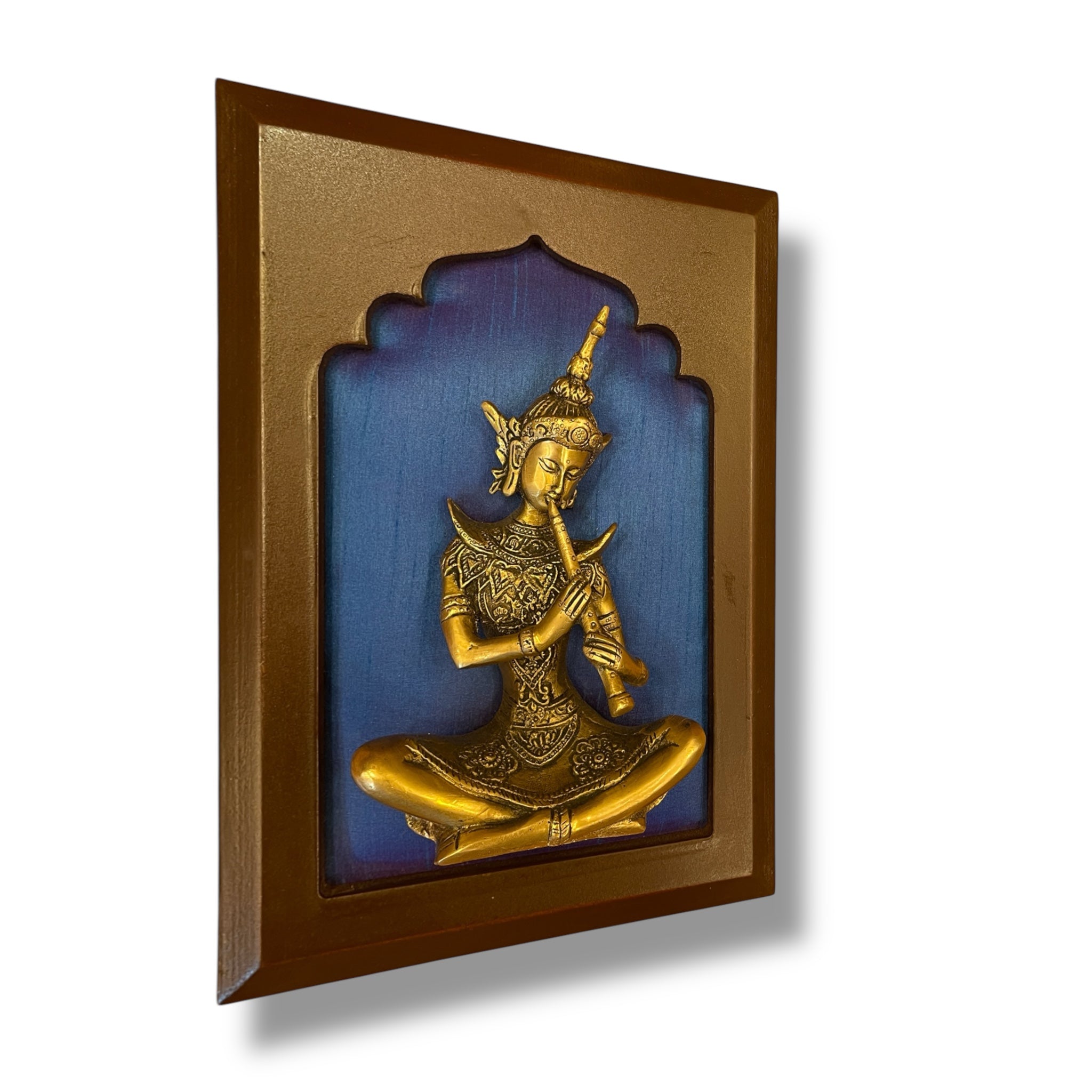 Brass Musician on Blue Silk in Wooden Frame