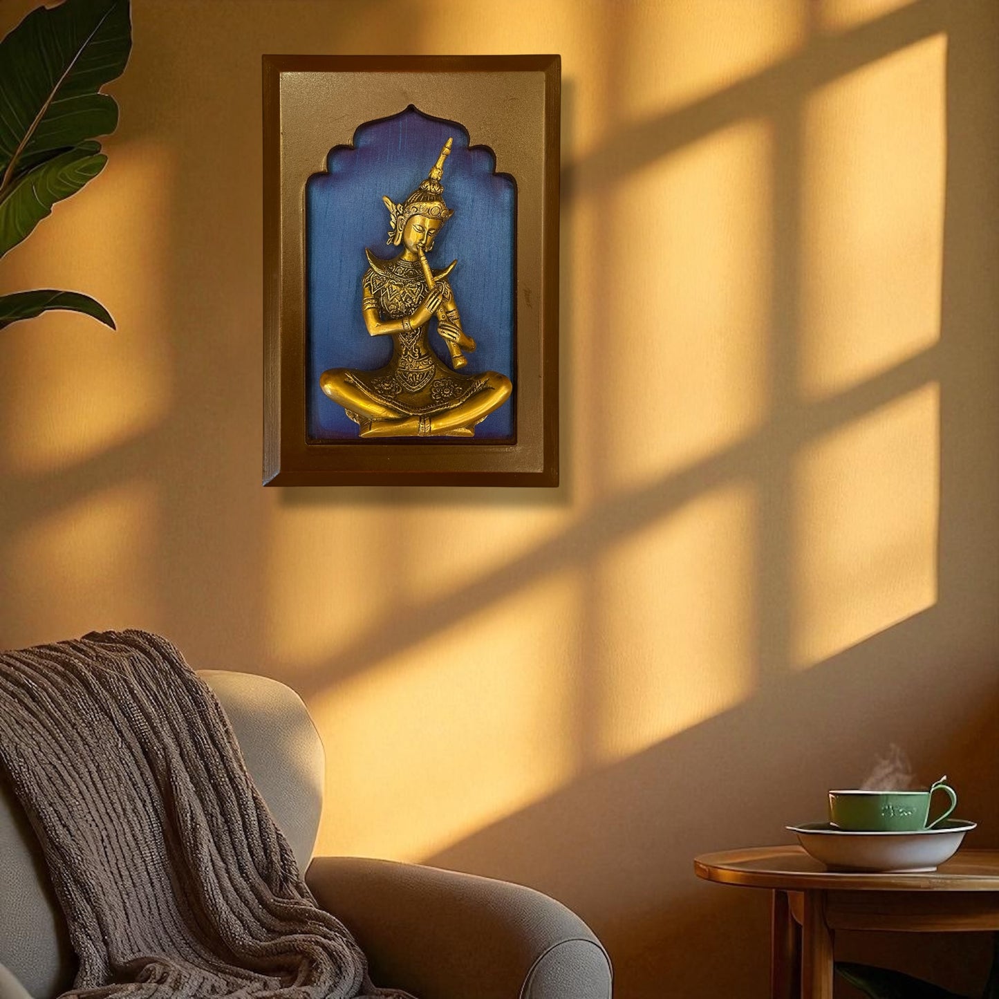 Brass Musician on Blue Silk in Wooden Frame