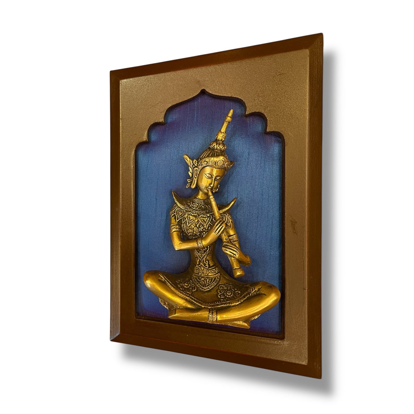 Brass Musician on Blue Silk in Wooden Frame