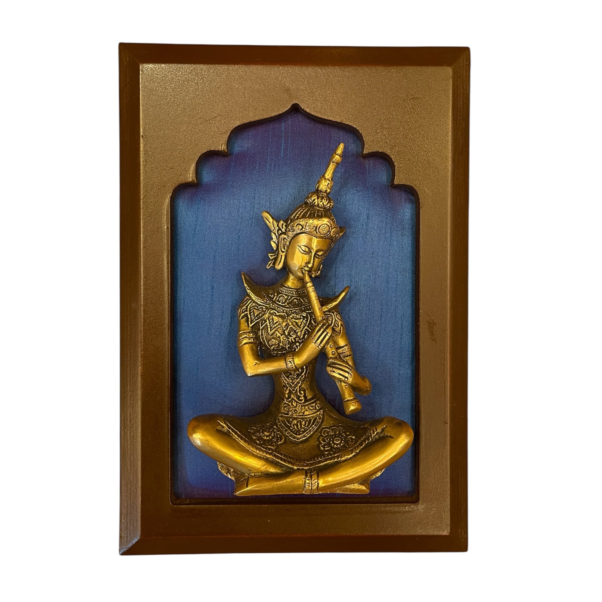 Brass Musician on Blue Silk in Wooden Frame