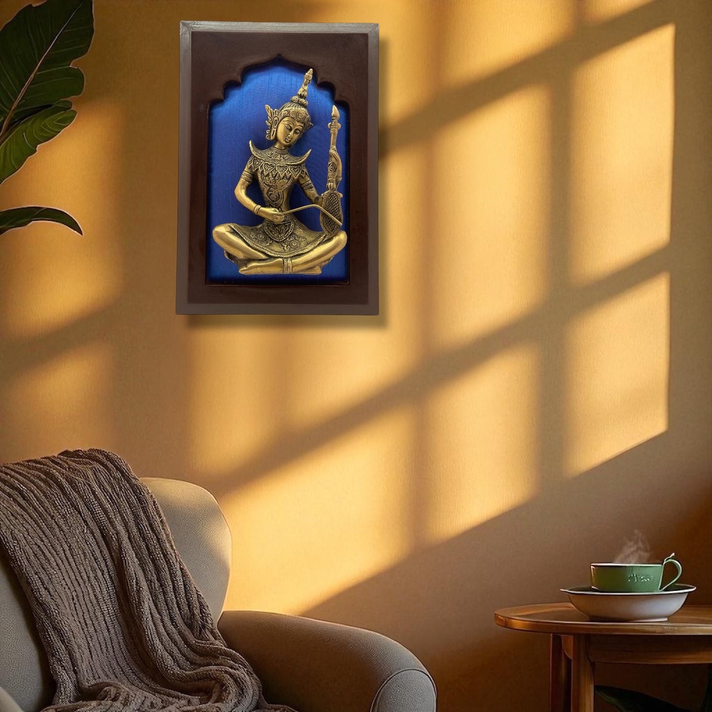 Brass Musician on Blue Silk in Wooden Frame