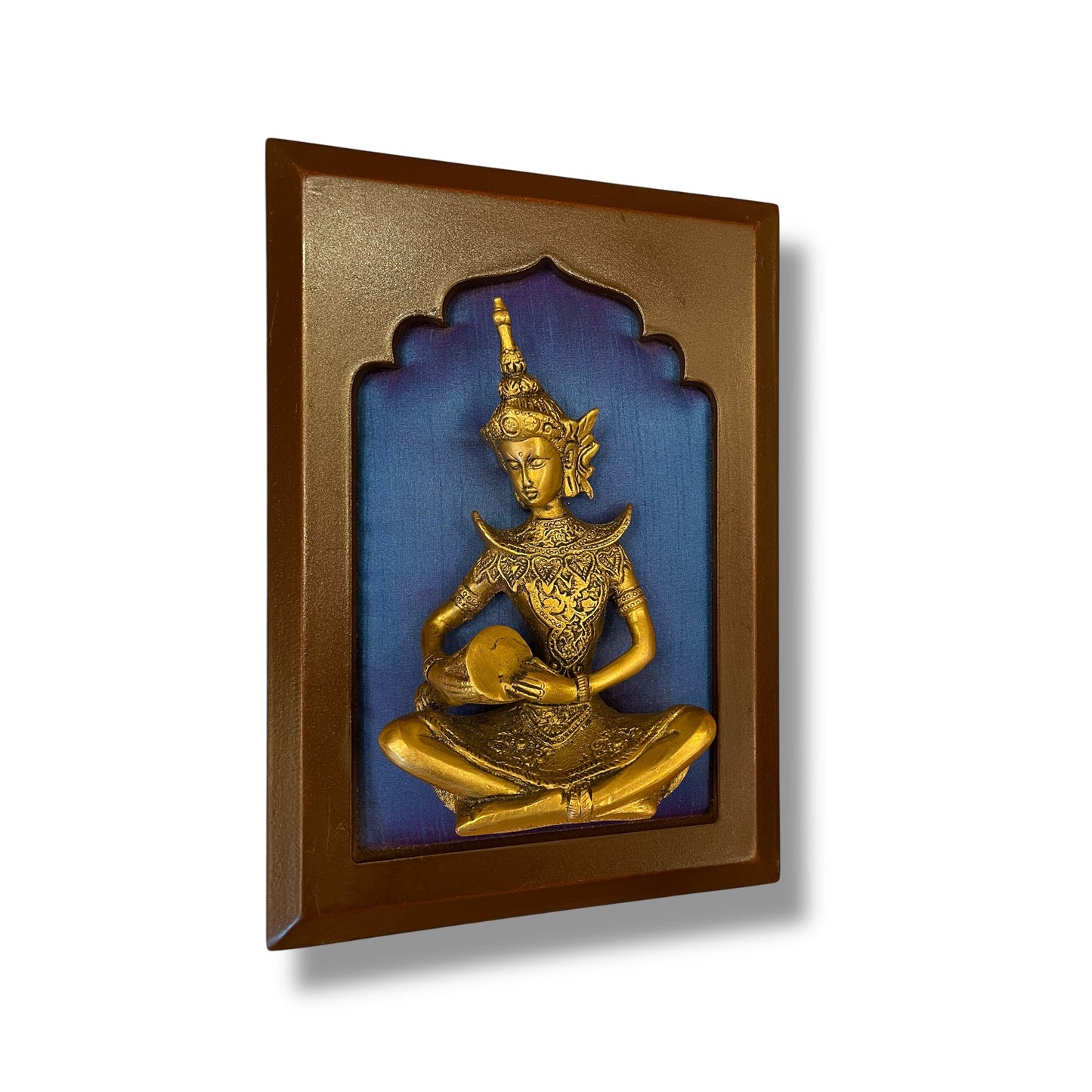Brass Musician on Blue Silk in Wooden Frame