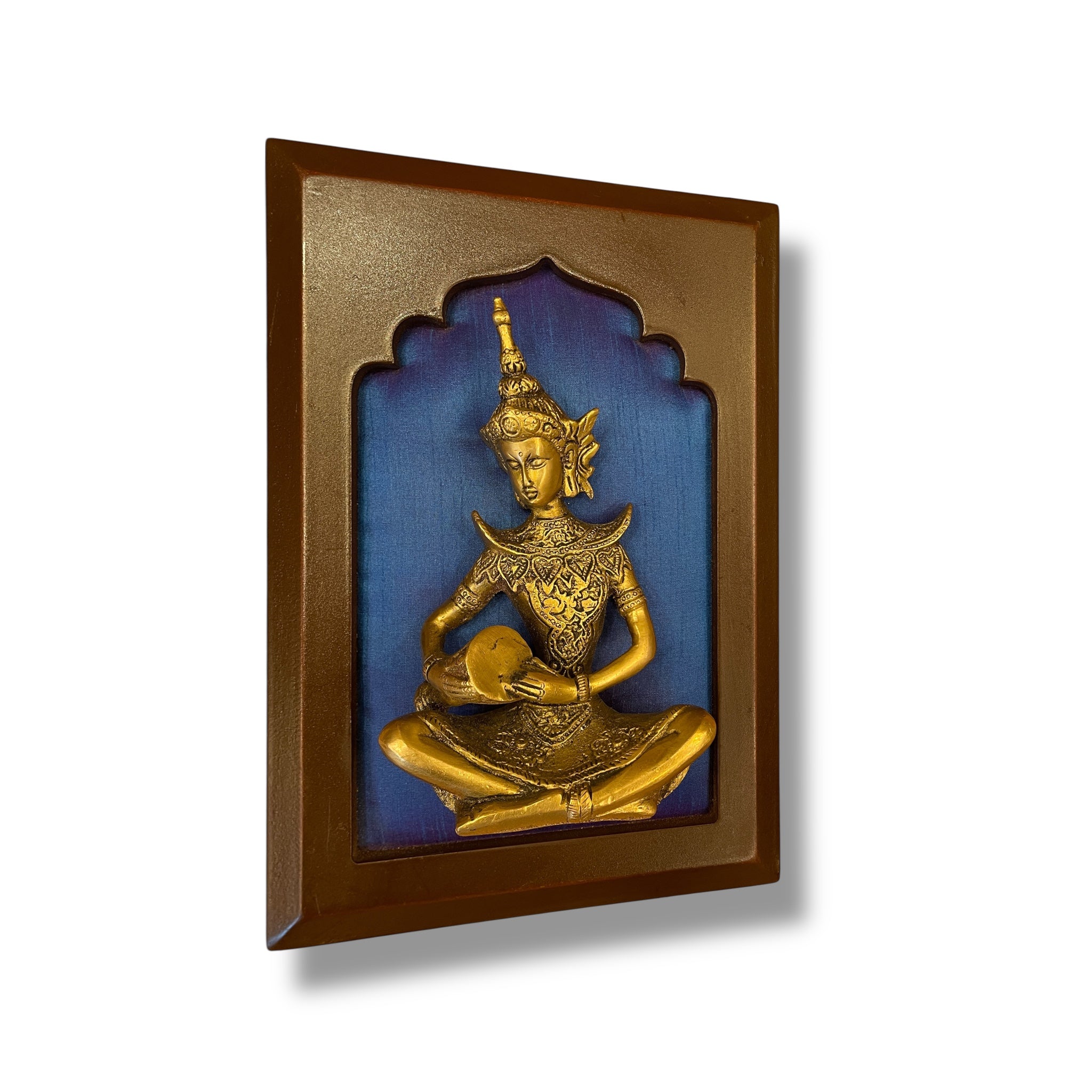 Brass Musician on Blue Silk in Wooden Frame
