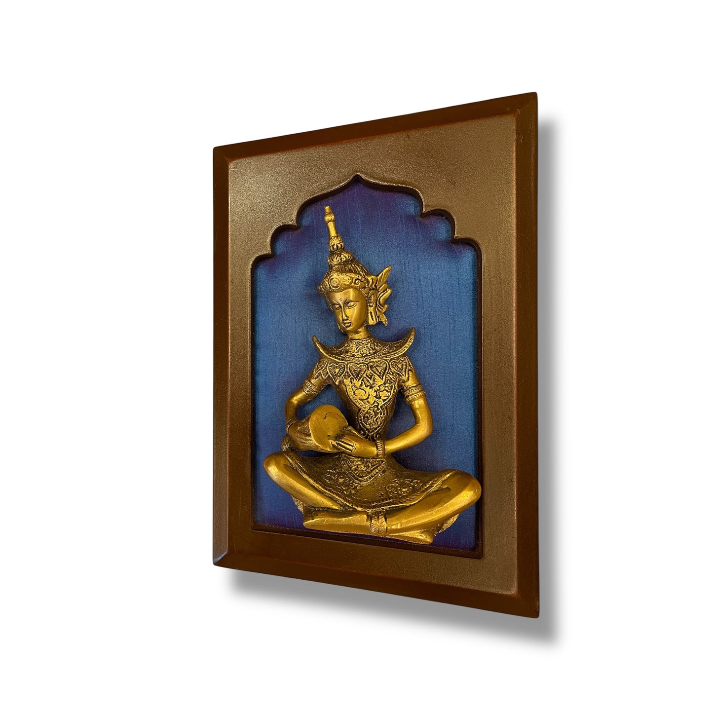 Brass Musician on Blue Silk in Wooden Frame