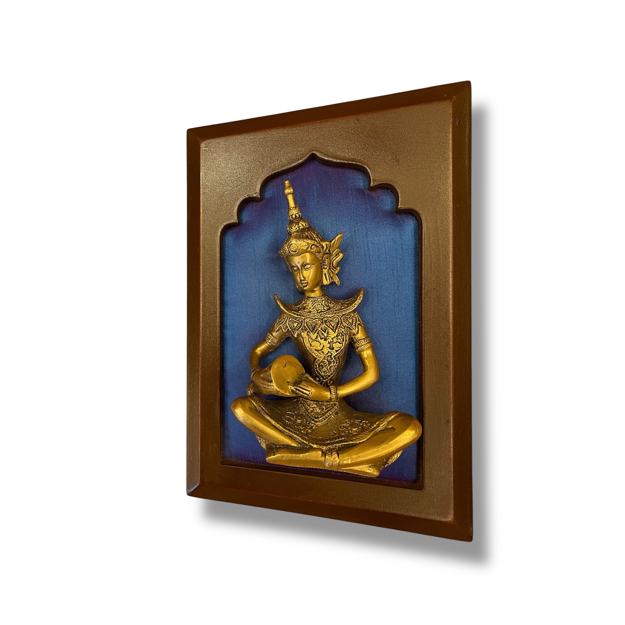 Brass Musician on Blue Silk in Wooden Frame
