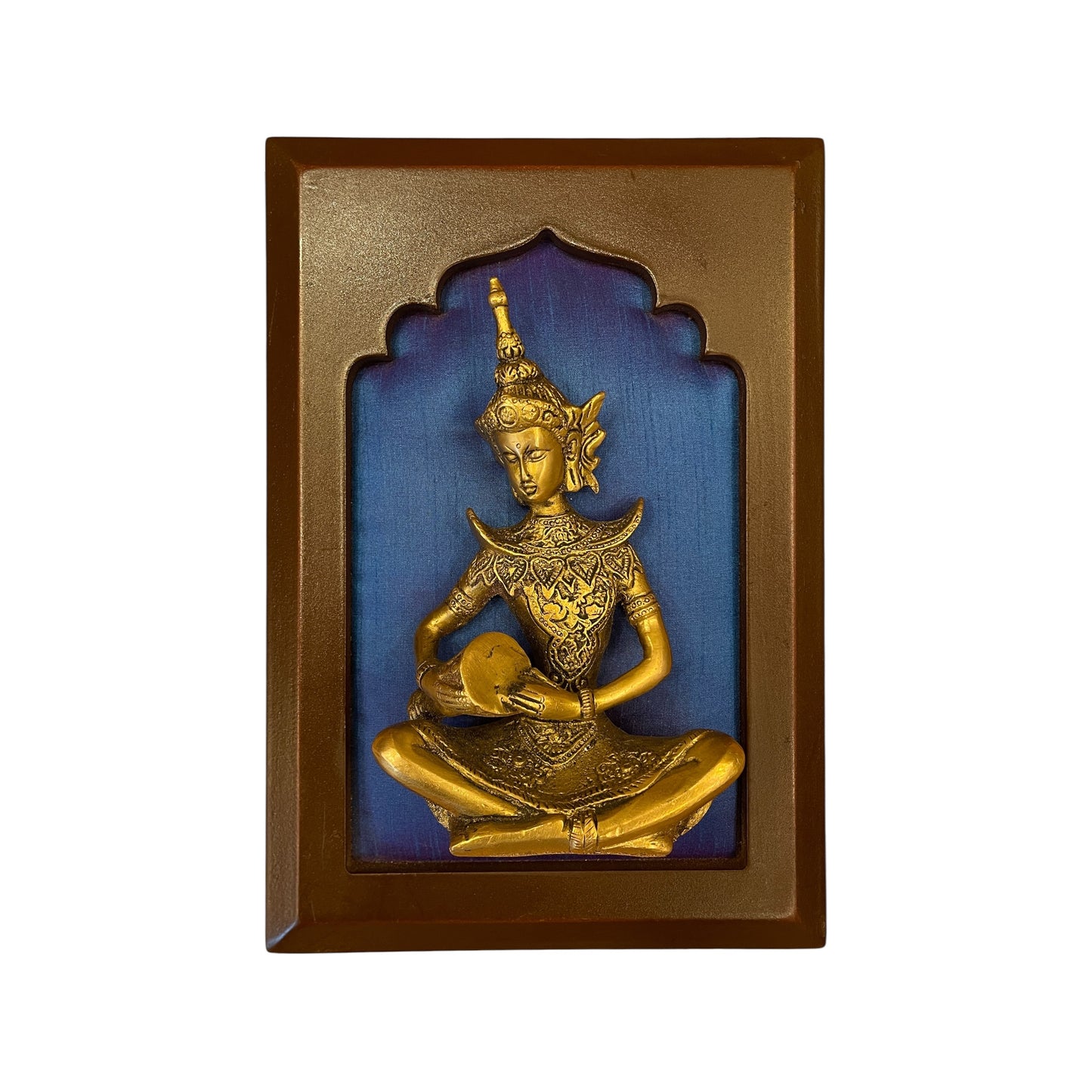 Brass Musician on Blue Silk in Wooden Frame